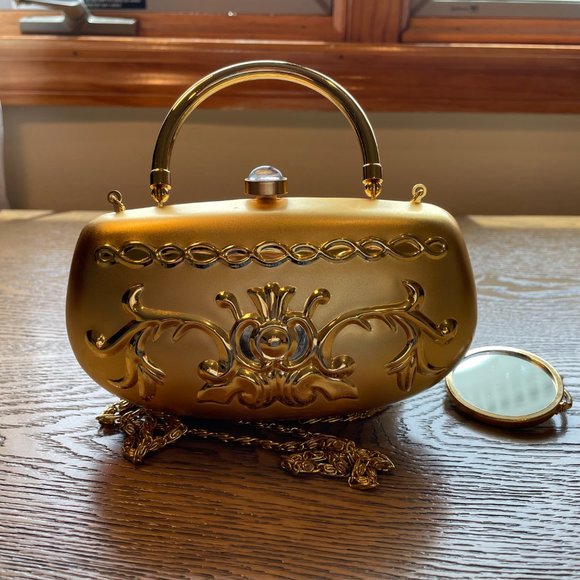 Daniella Handbags - DANIELLA - Gold Tone Clutch Purse with Chain and Compact Mirror - 2005